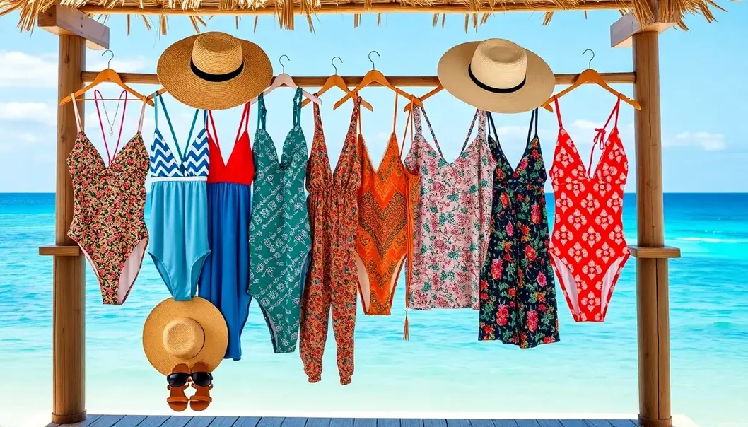 A selection of vibrant swimsuits and essential beach accessories.