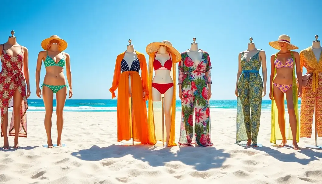Beach outfits on mannequins with sunny skies and a sandy beach background.
