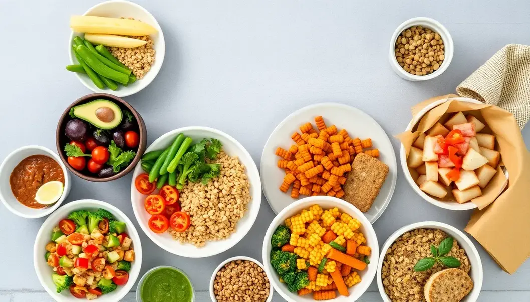 A table set with a variety of budget-friendly college meals and healthy ingredients.