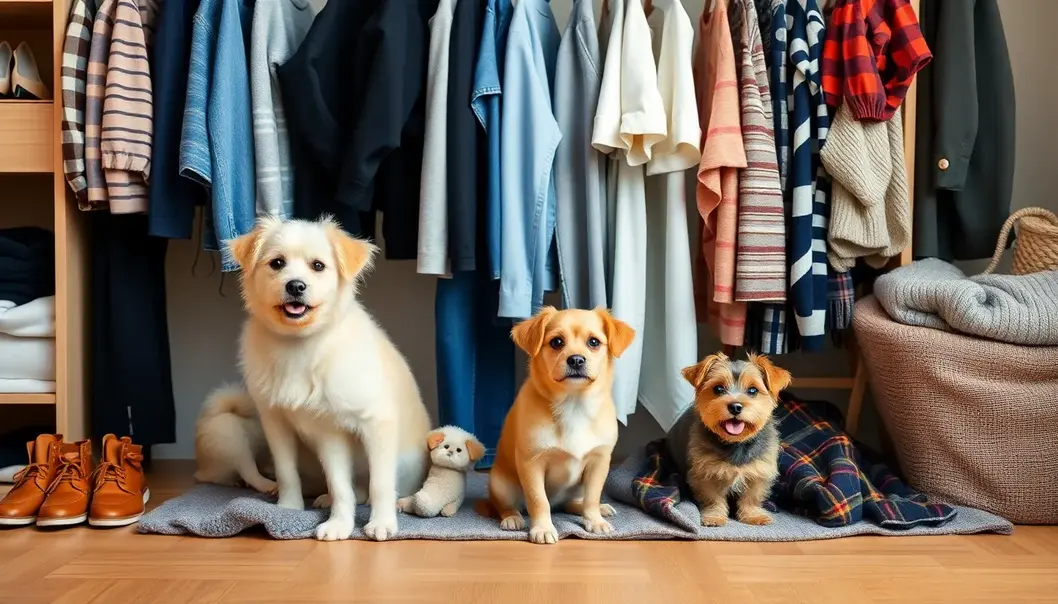 A capsule wardrobe with versatile clothes and playful pets in a cozy setting.
