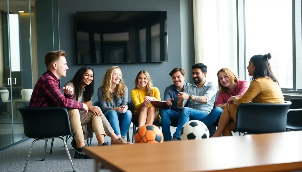 A meeting scene where sports concepts blend with professional discussions.