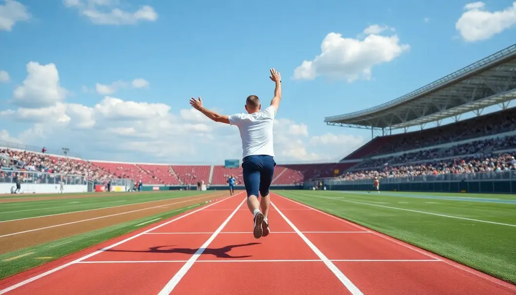 A person symbolically crossing a finish line as a metaphor for career success.