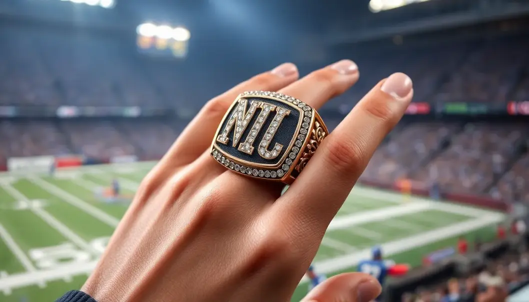 An elaborate NFL Super Bowl championship ring, embodying the triumph and glory of victory.