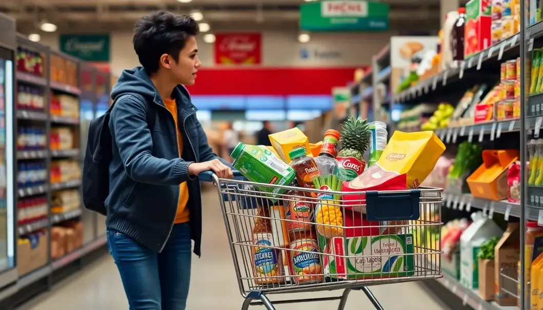A college student shopping smartly with a well-planned list of budget-friendly items.