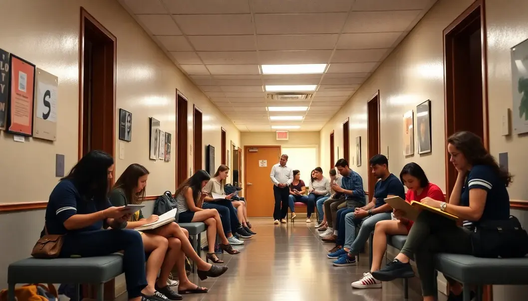 College dorm hallway with students studying and chatting, reflecting diverse lifestyles.
