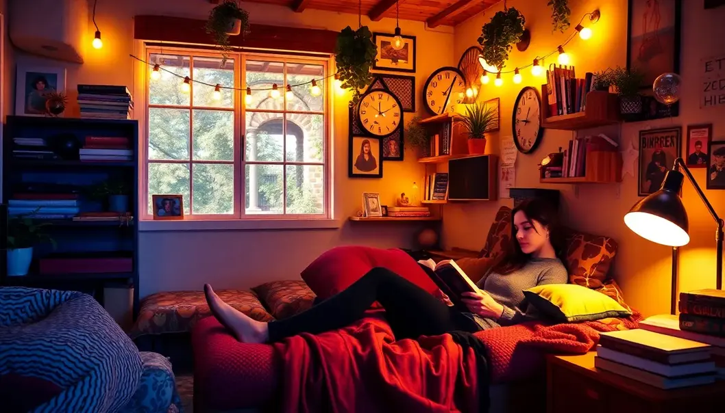 A cozy reading nook with budget-friendly and personalized decor in a college dorm.