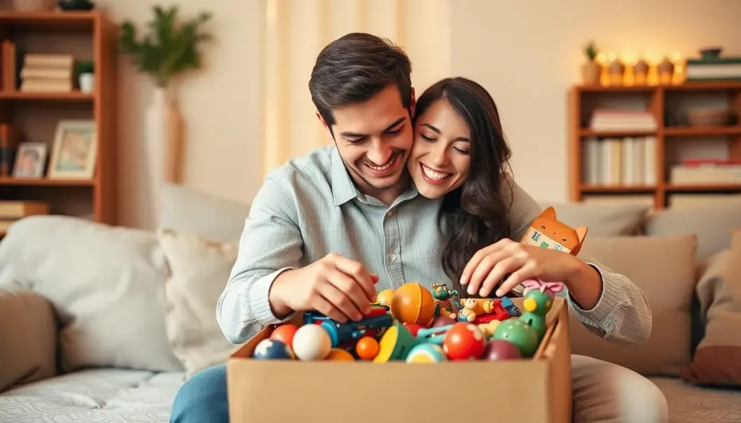 A couple joyfully unpacking vintage toys, encapsulating nostalgia and happiness.