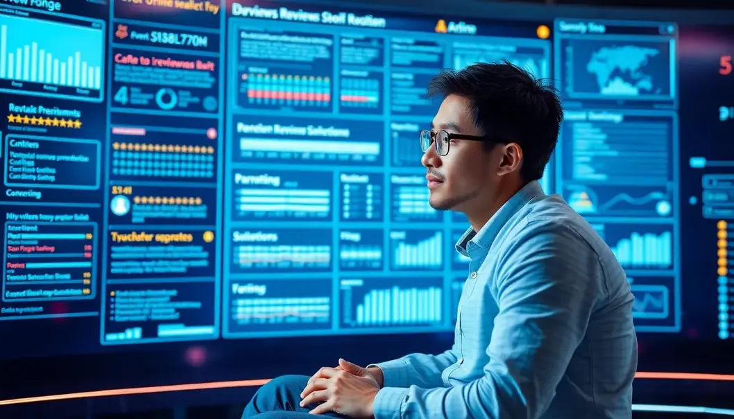 A futuristic digital interface showing online reviews and ratings.