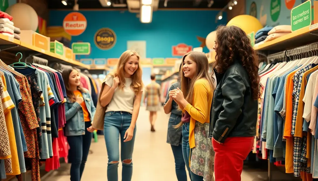 Teens exploring eco-fashion at a thrift store.
