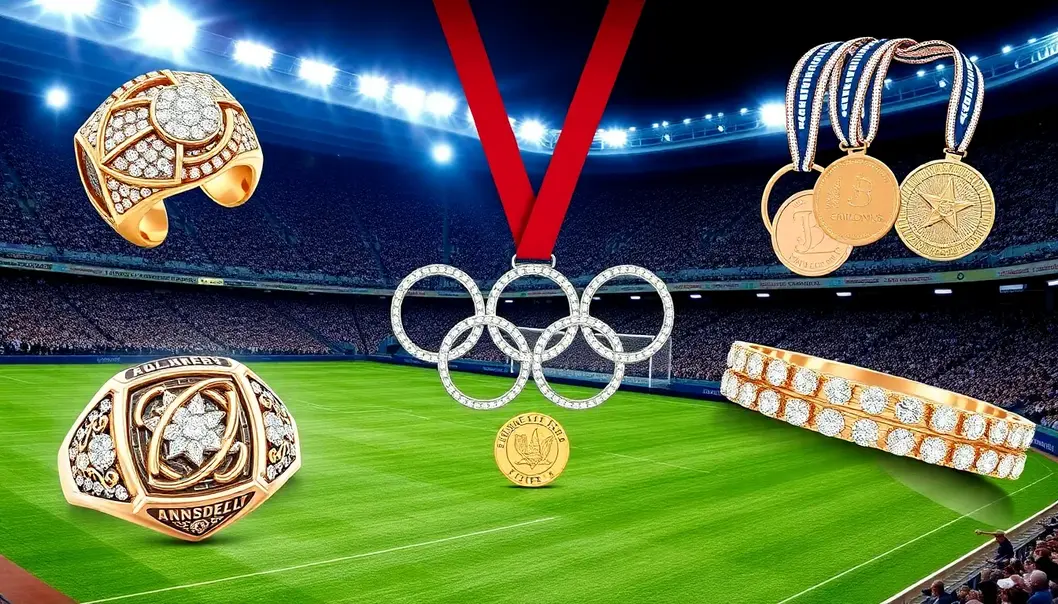 Collage of championship ring, Olympic medals, and tennis bracelet with a stadium in the background.