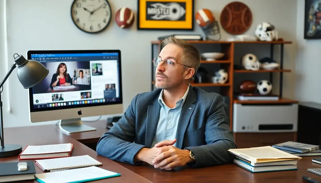 A meeting scene where sports concepts blend with professional discussions.