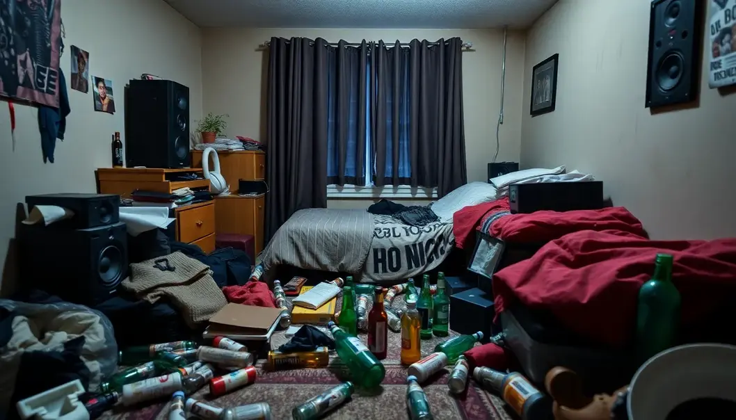 Party remnants in a college dorm room, showcasing the chaos.
