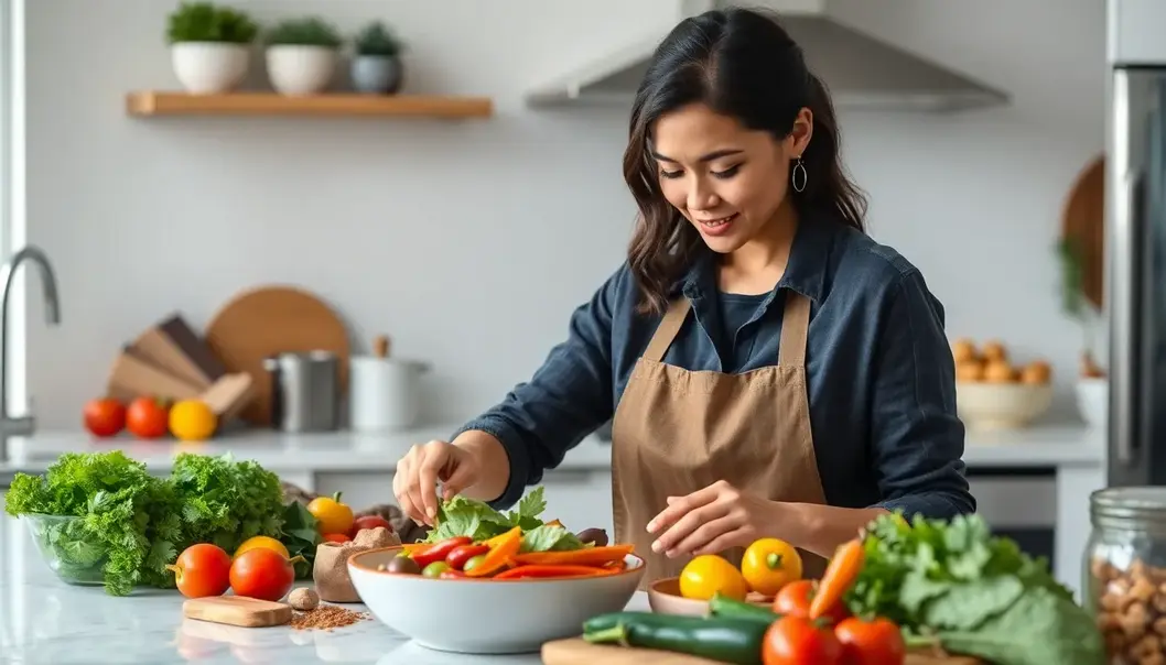 A professional person preparing a healthy meal in a kitchen filled with fresh vegetables and spices.