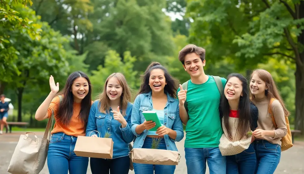 A diverse group of teenagers participating in eco-friendly activities with enthusiasm.